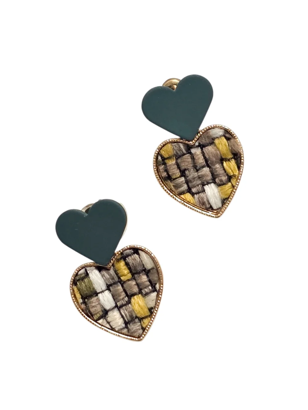 Tweed Knit Patterned Green Enamled Double Heart Stacked Earrings Fashion Jewelry
